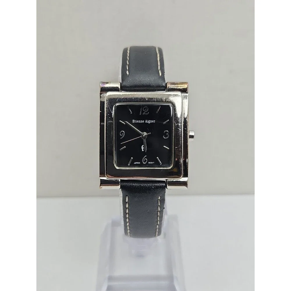 Vintage Etienne Aigner Womens Silver Black Dial Leather Quartz Watch New Battery
